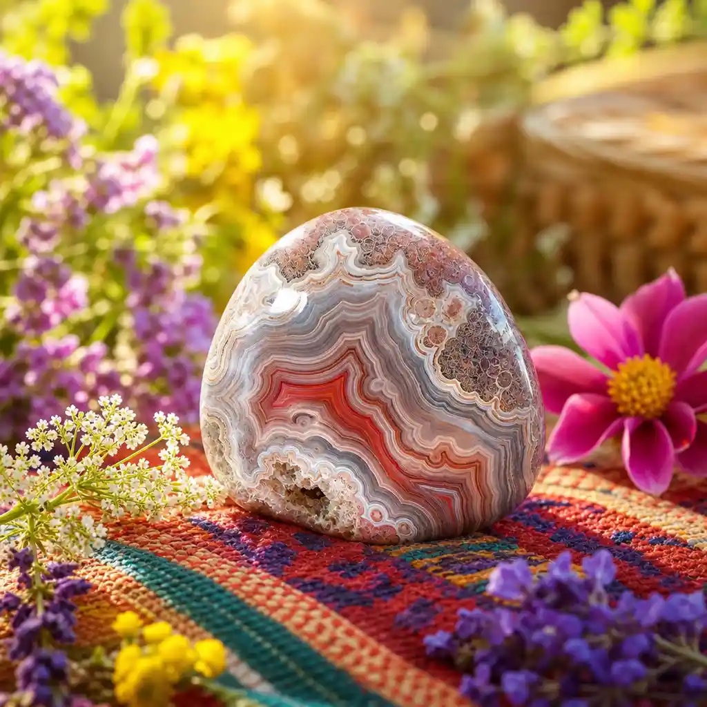 Crazy Lace Agate crystal in a spiritual healing meditation scene with candles and calm serene atmosphere