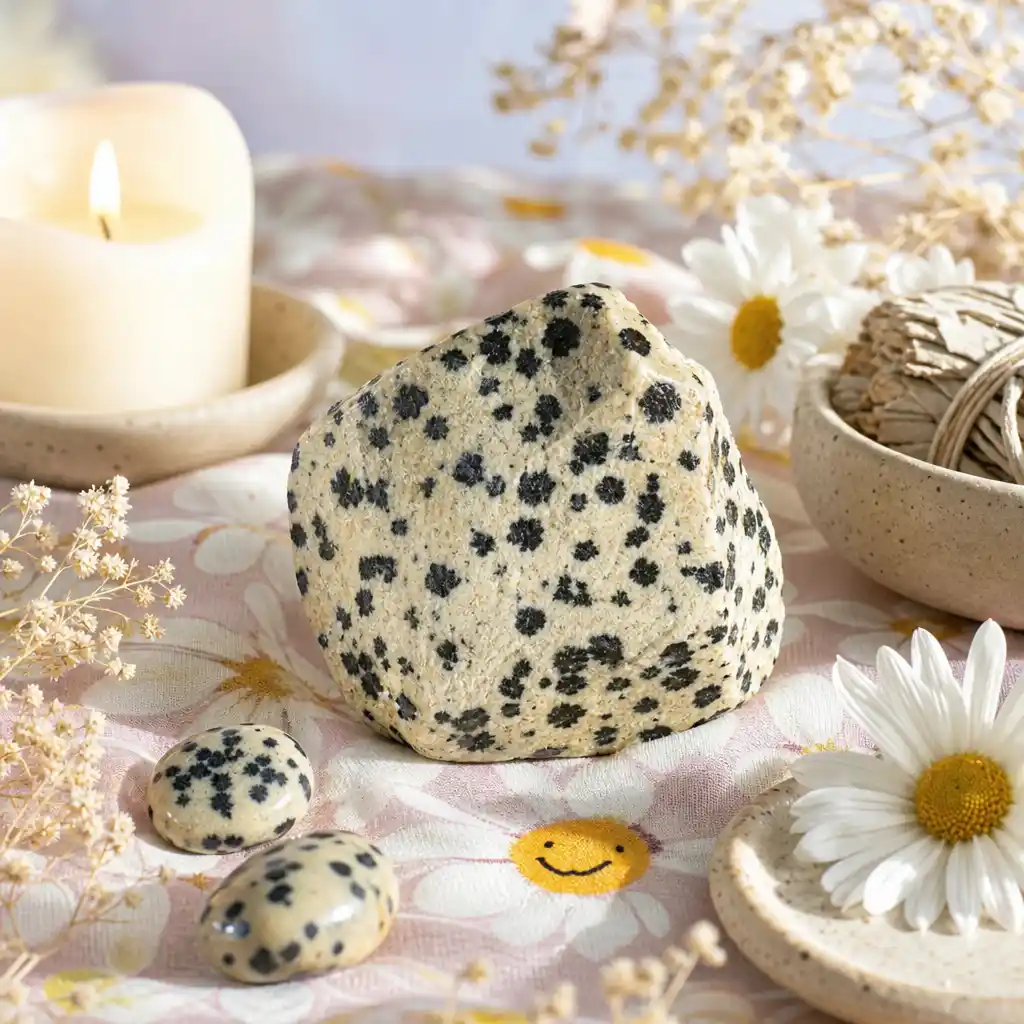 Dalmatian Jasper crystal in a spiritual healing meditation scene with candles and calm serene atmosphere
