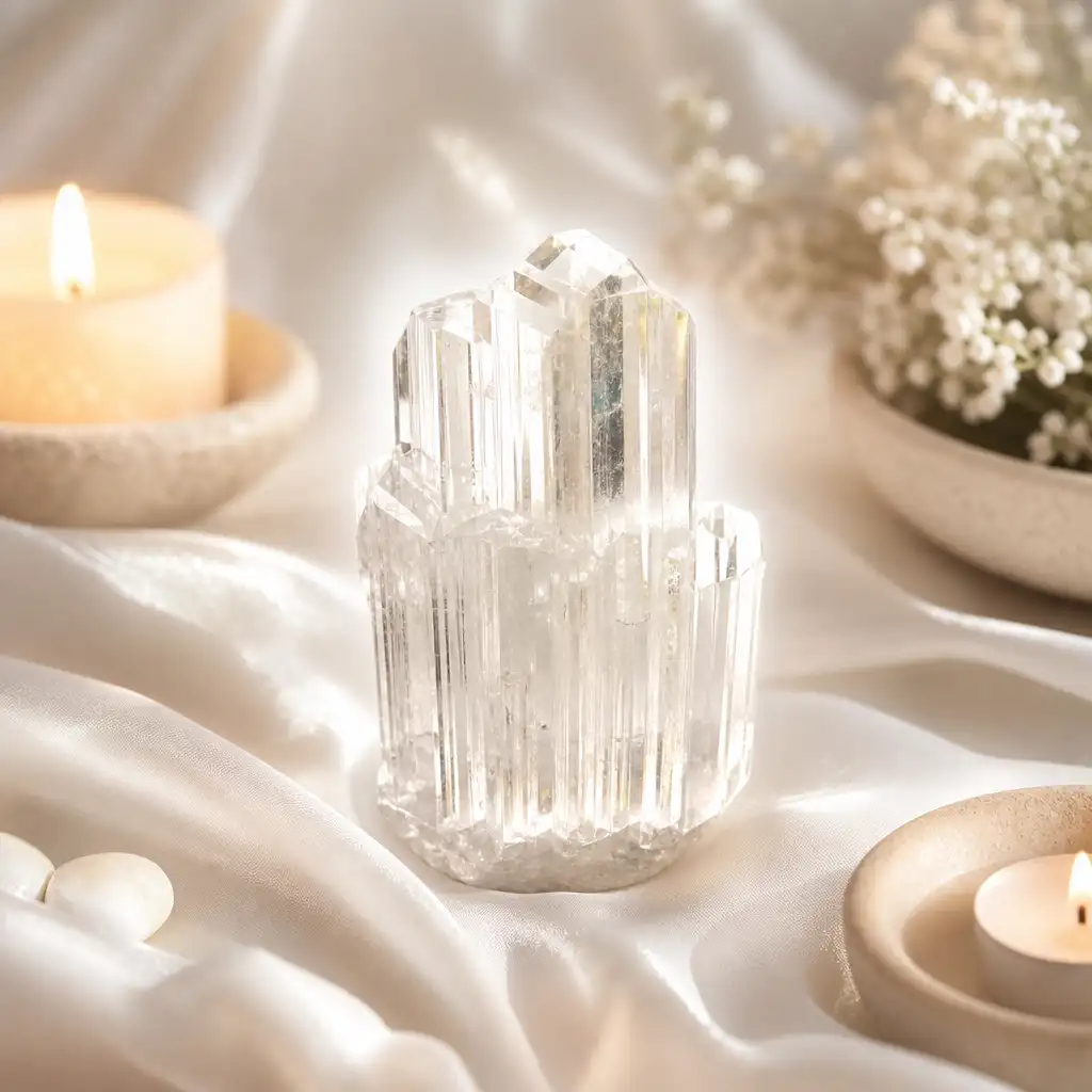 Danburite crystal in a spiritual healing meditation scene with candles and calm serene atmosphere