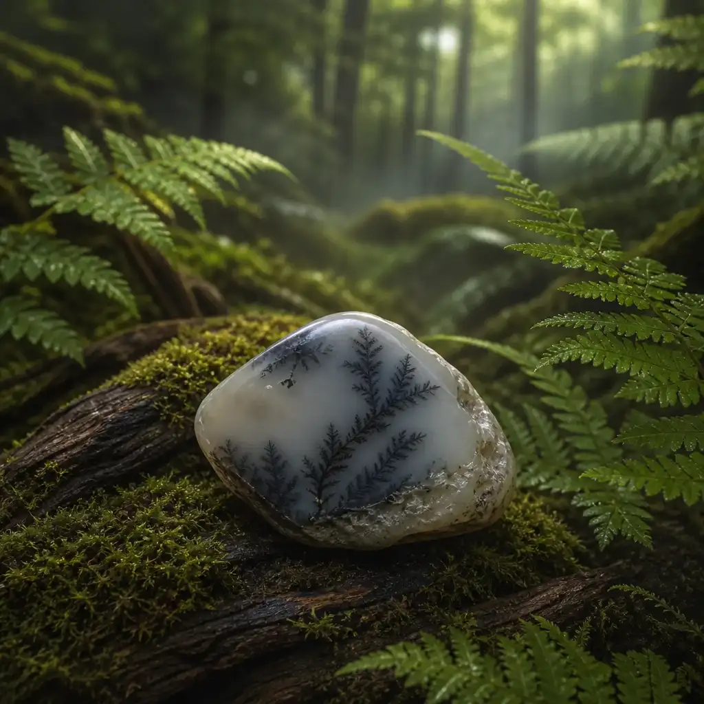 Dendritic Opal crystal in a spiritual healing meditation scene with candles and calm serene atmosphere