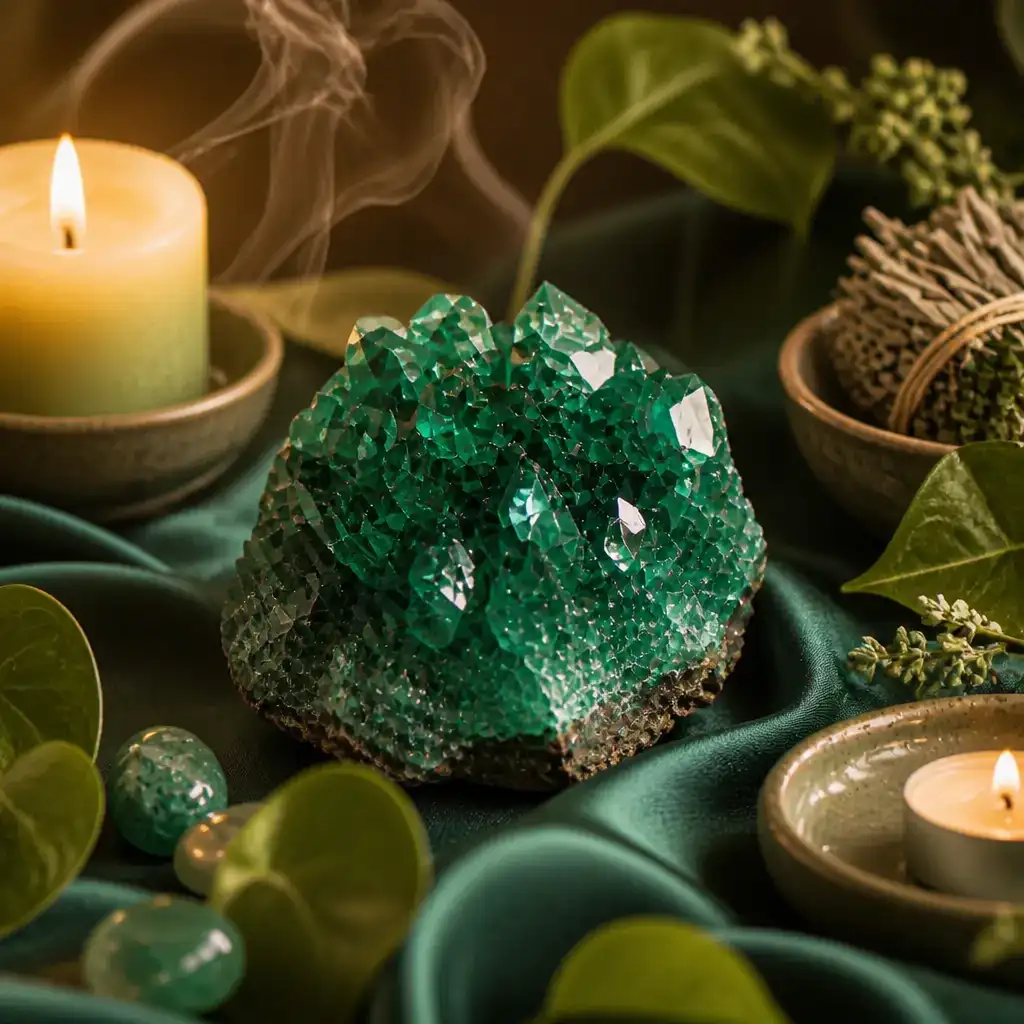 Dioptase crystal in a spiritual healing meditation scene with candles and calm serene atmosphere