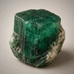 Raw emerald crystal specimen showing vivid deep green beryl, natural inclusions, and rugged mineral texture