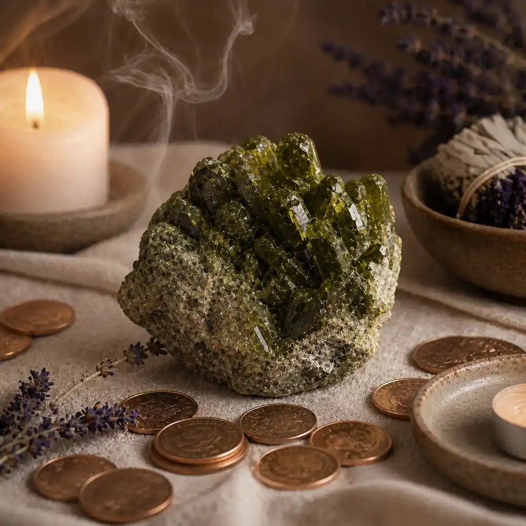 Epidote crystal in a spiritual healing meditation scene with candles and calm serene atmosphere