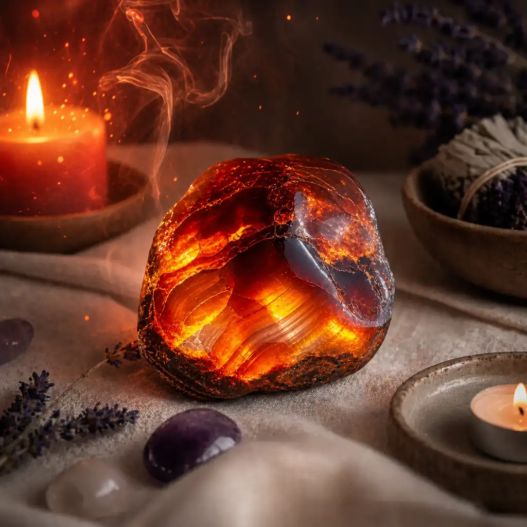 Fire Agate crystal in a spiritual healing meditation scene with candles and calm serene atmosphere