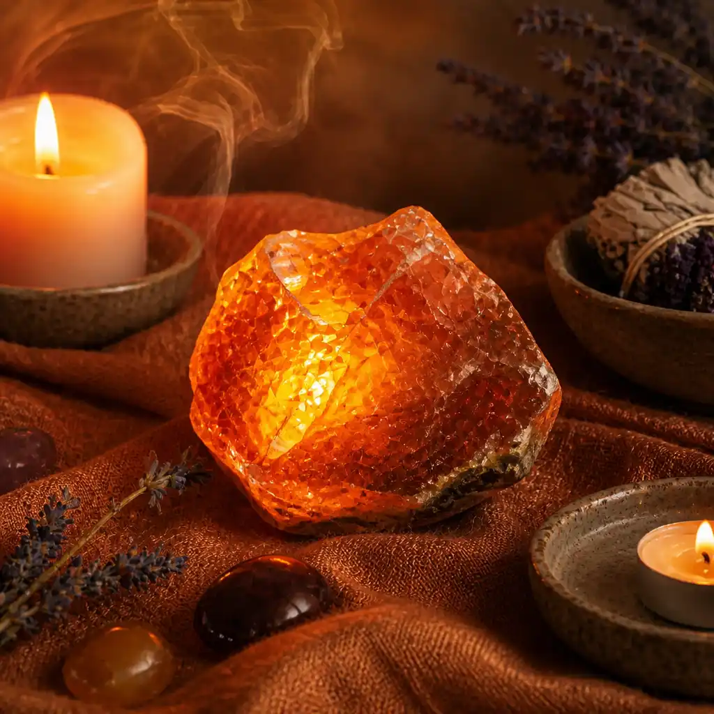 Fire Opal crystal in a spiritual healing meditation scene with candles and calm serene atmosphere