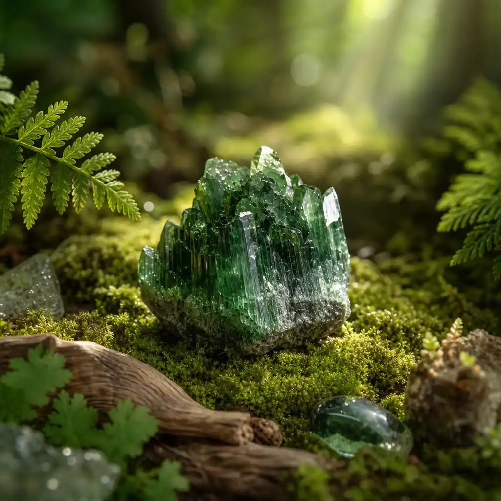Green Tourmaline crystal in a spiritual healing meditation scene with candles and calm serene atmosphere