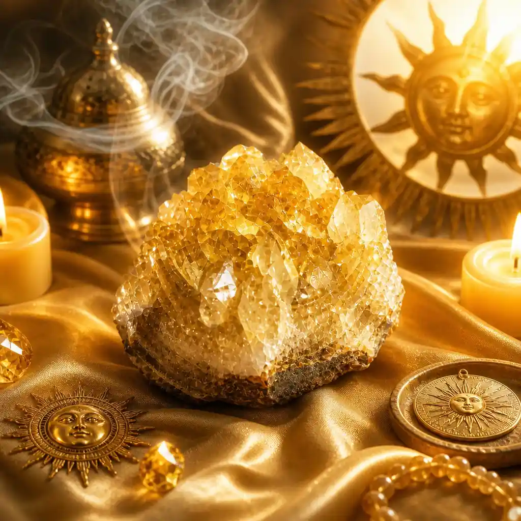Heliodor crystal in a spiritual healing meditation scene with candles and calm serene atmosphere