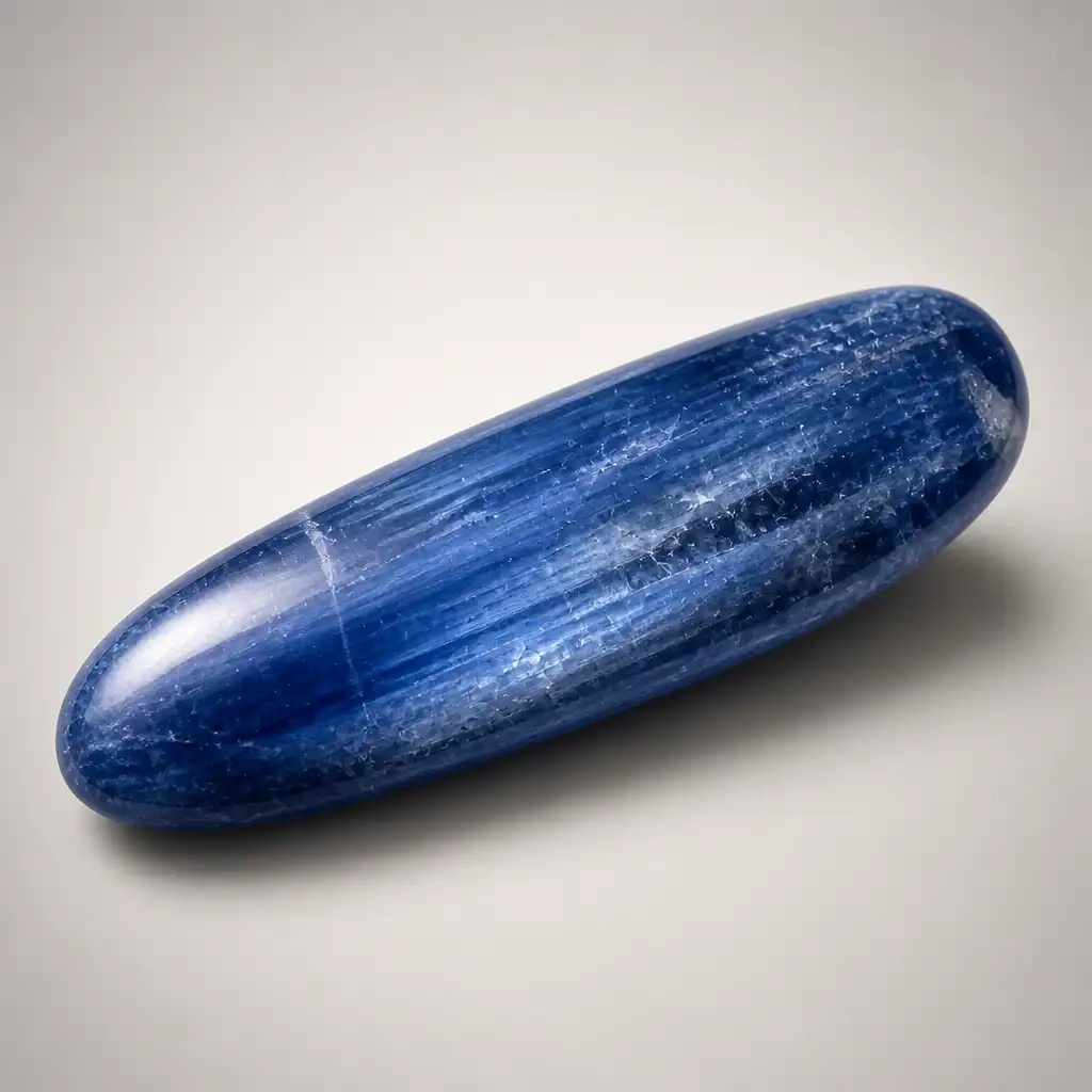 Polished kyanite crystal blade with striking blue color and pearly glassy luster on flat crystal face