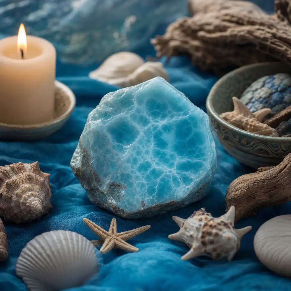 Larimar crystal in a spiritual healing meditation scene with candles and calm serene atmosphere