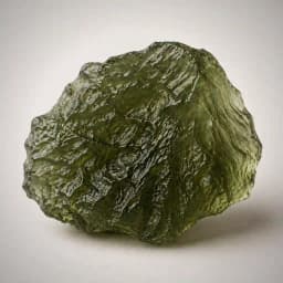 Raw moldavite crystal specimen showing translucent olive-green tektite glass and sculpted natural surface texture