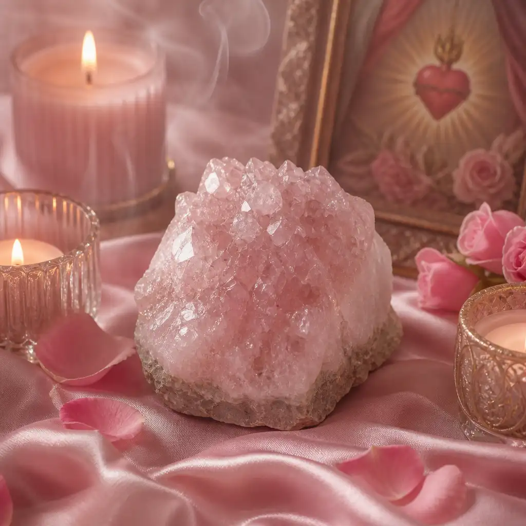 Morganite crystal in a spiritual healing meditation scene with candles and calm serene atmosphere
