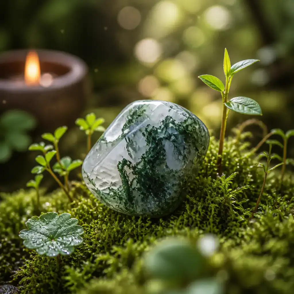 Moss Agate crystal in a spiritual healing meditation scene with candles and calm serene atmosphere