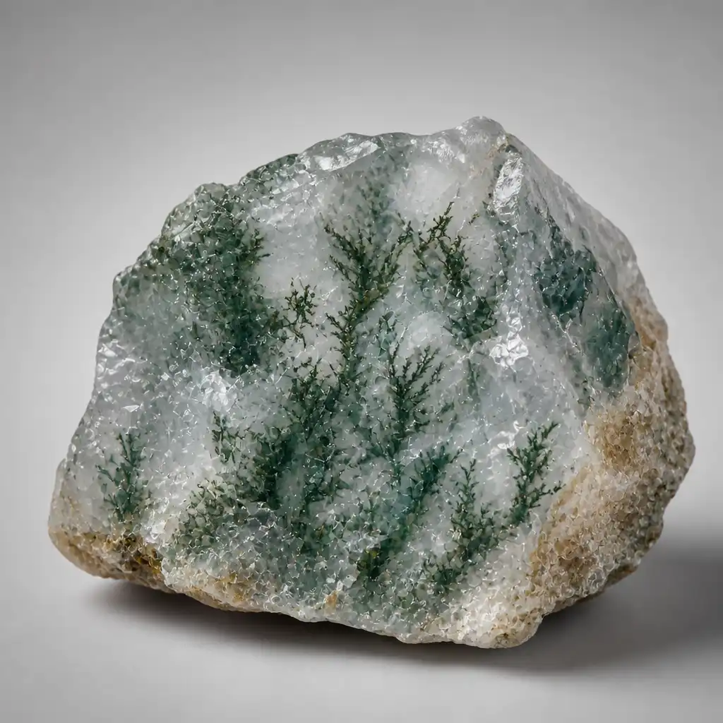 Raw Moss Agate crystal specimen showing natural mineral texture and coloring