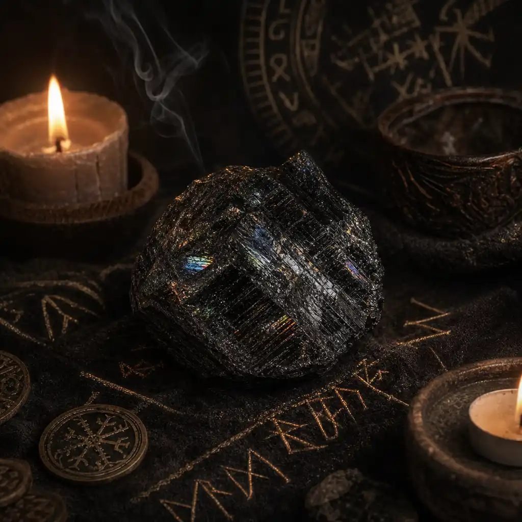 Nuummite crystal in a spiritual healing meditation scene with candles and calm serene atmosphere
