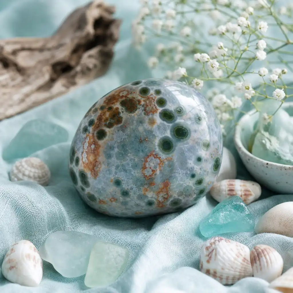 Ocean Jasper crystal in a spiritual healing meditation scene with candles and calm serene atmosphere