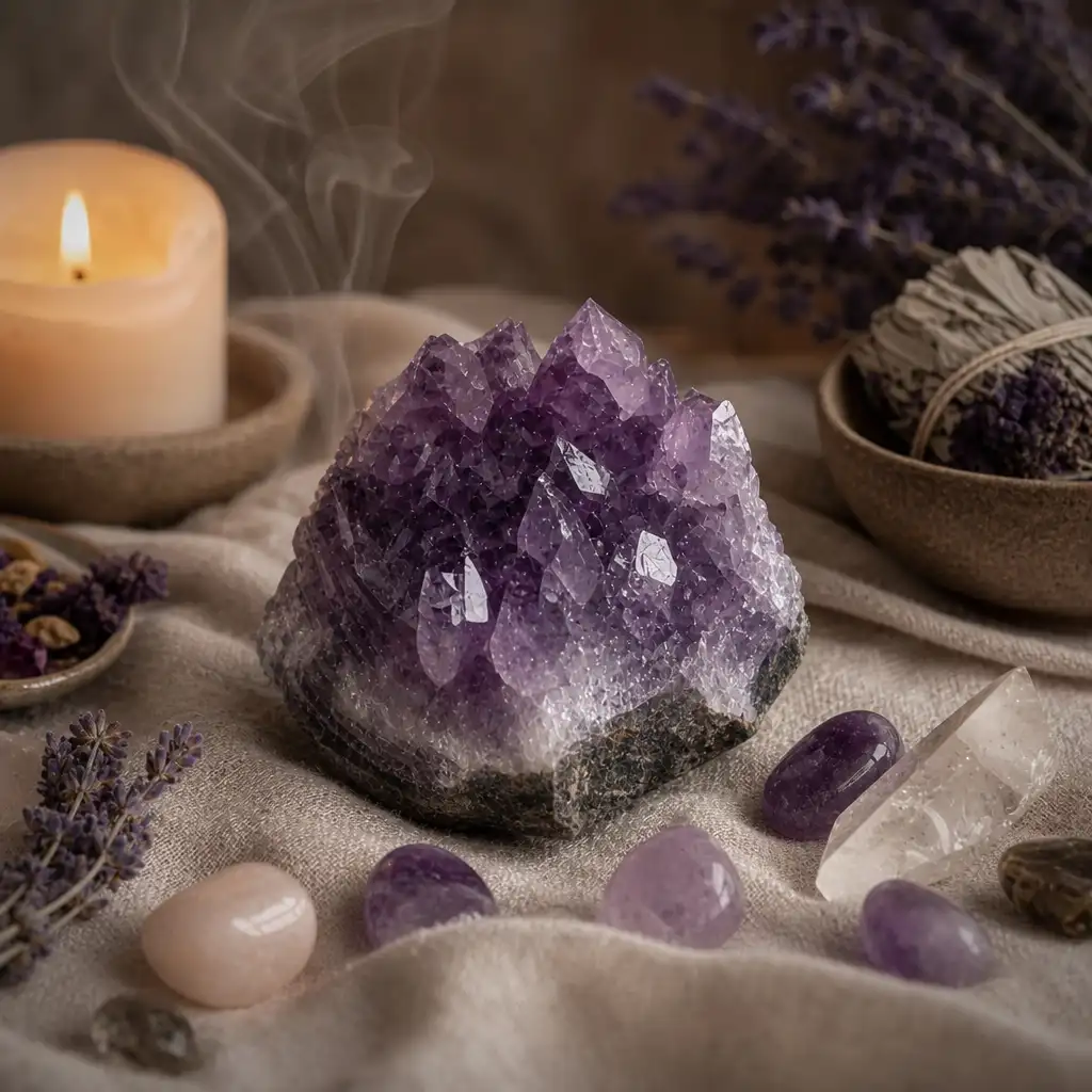 Phantom Quartz crystal in a spiritual healing meditation scene with candles and calm serene atmosphere