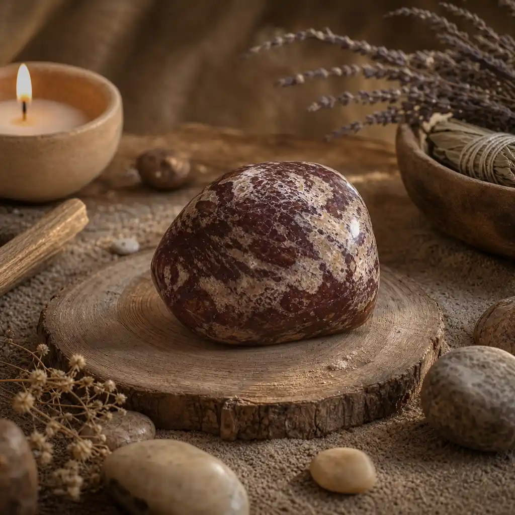 Picture Jasper crystal in a spiritual healing meditation scene with candles and calm serene atmosphere