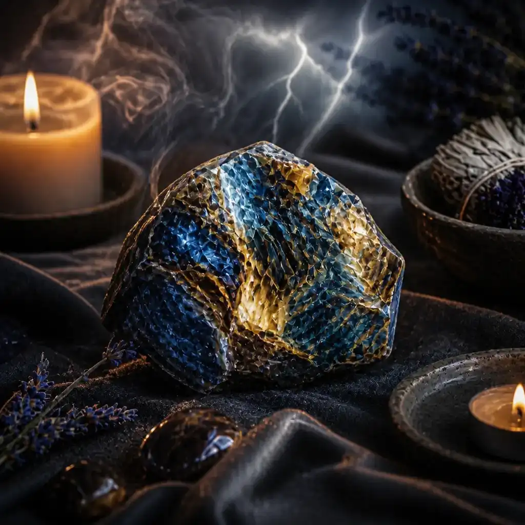 Pietersite crystal in a spiritual healing meditation scene with candles and calm serene atmosphere