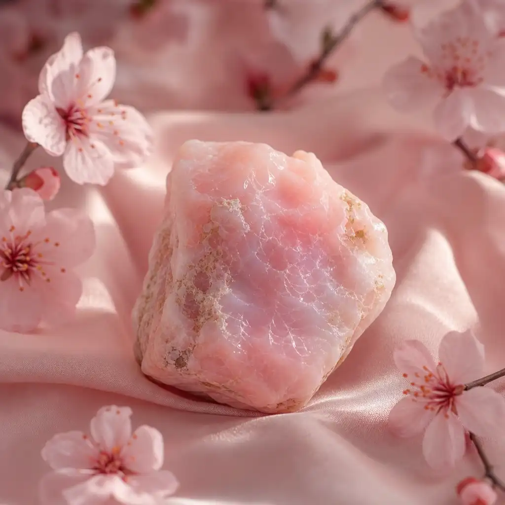 Pink Opal crystal in a spiritual healing meditation scene with candles and calm serene atmosphere