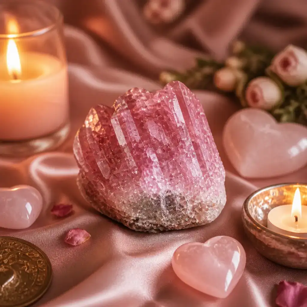 Pink Tourmaline crystal in a spiritual healing meditation scene with candles and calm serene atmosphere