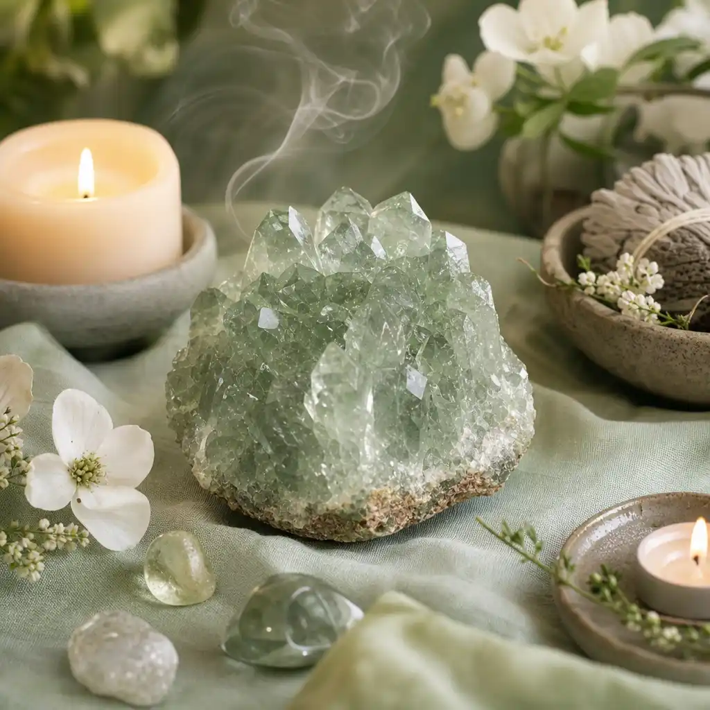 Prasiolite crystal in a spiritual healing meditation scene with candles and calm serene atmosphere