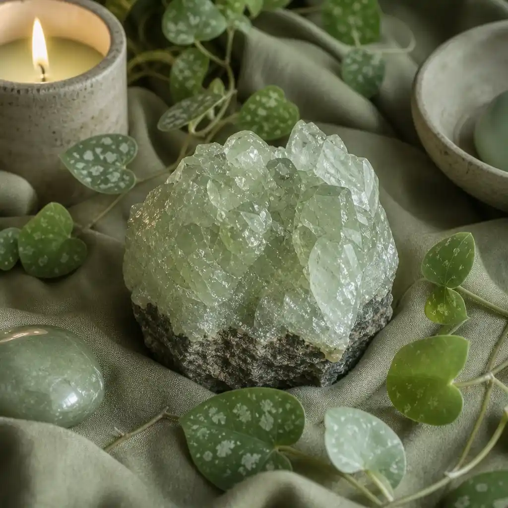 Prehnite crystal in a spiritual healing meditation scene with candles and calm serene atmosphere