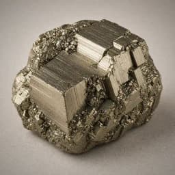 Raw pyrite crystal specimen showing brassy gold metallic surfaces, cubic crystal faces, and rugged mineral texture