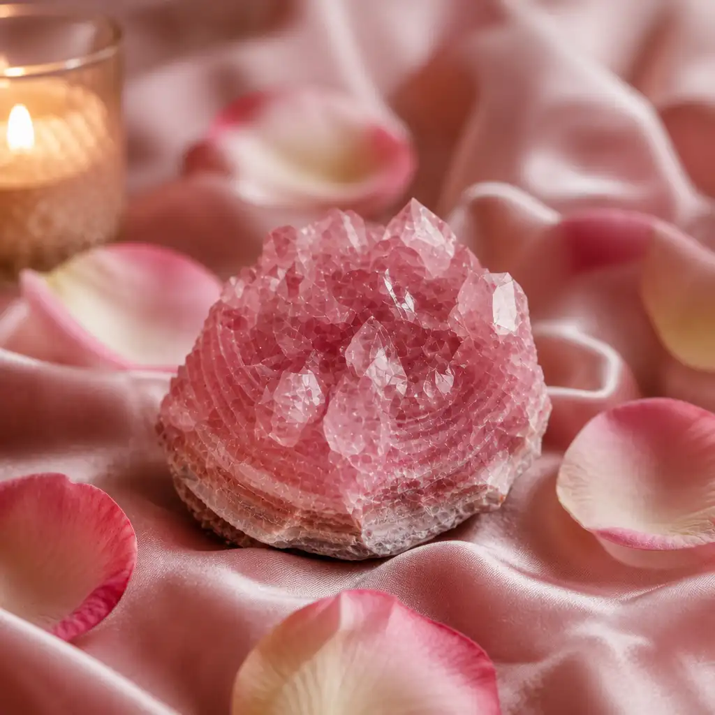 Rhodochrosite crystal in a spiritual healing meditation scene with candles and calm serene atmosphere