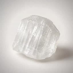 Raw selenite crystal specimen showing translucent white gypsum striations and moonlike glow