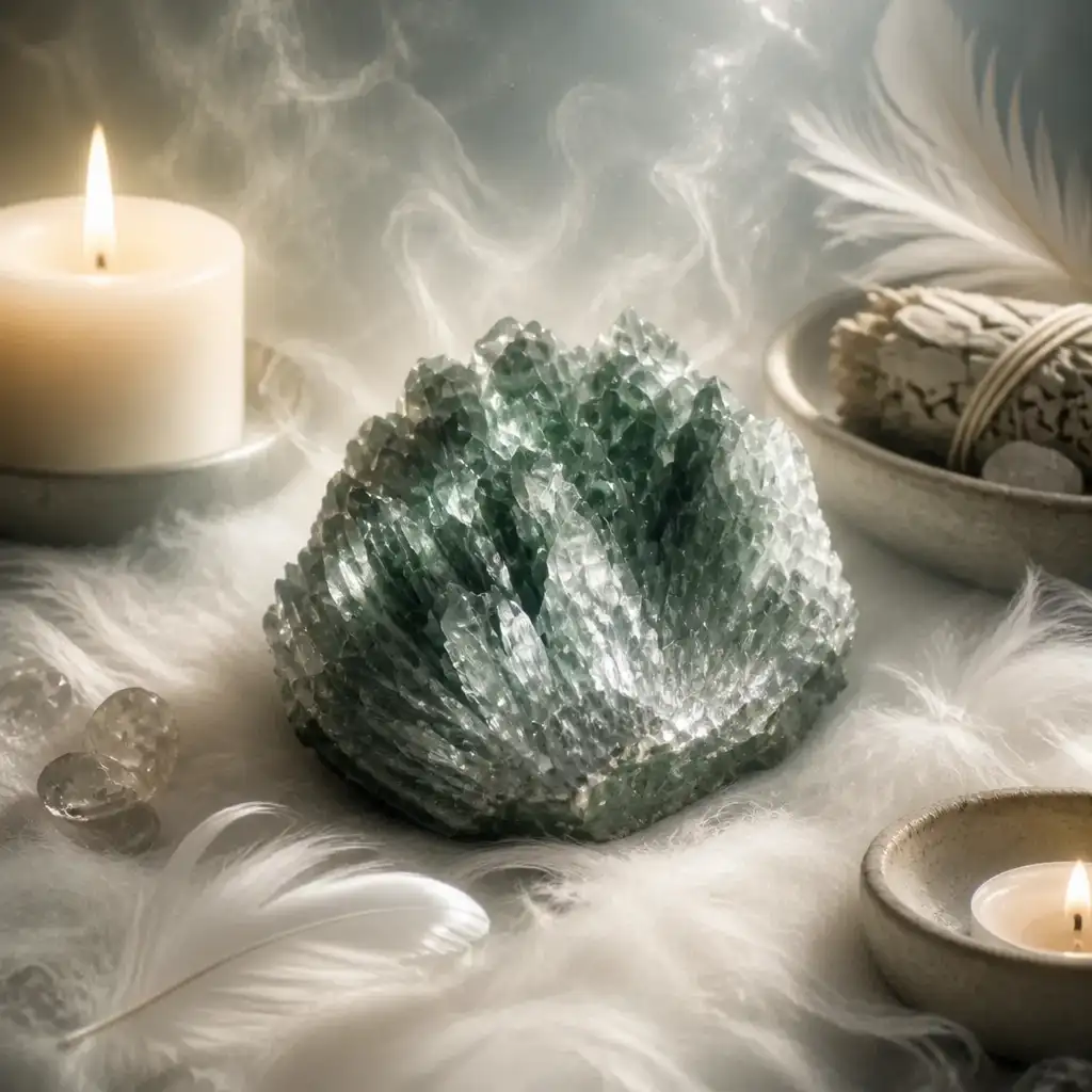 Seraphinite crystal in a spiritual healing meditation scene with candles and calm serene atmosphere