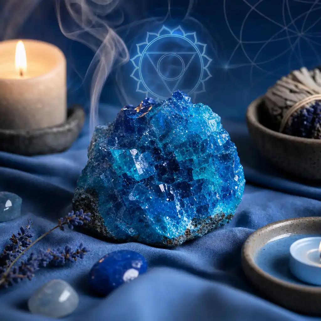 Shattuckite crystal in a spiritual healing meditation scene with candles and calm serene atmosphere