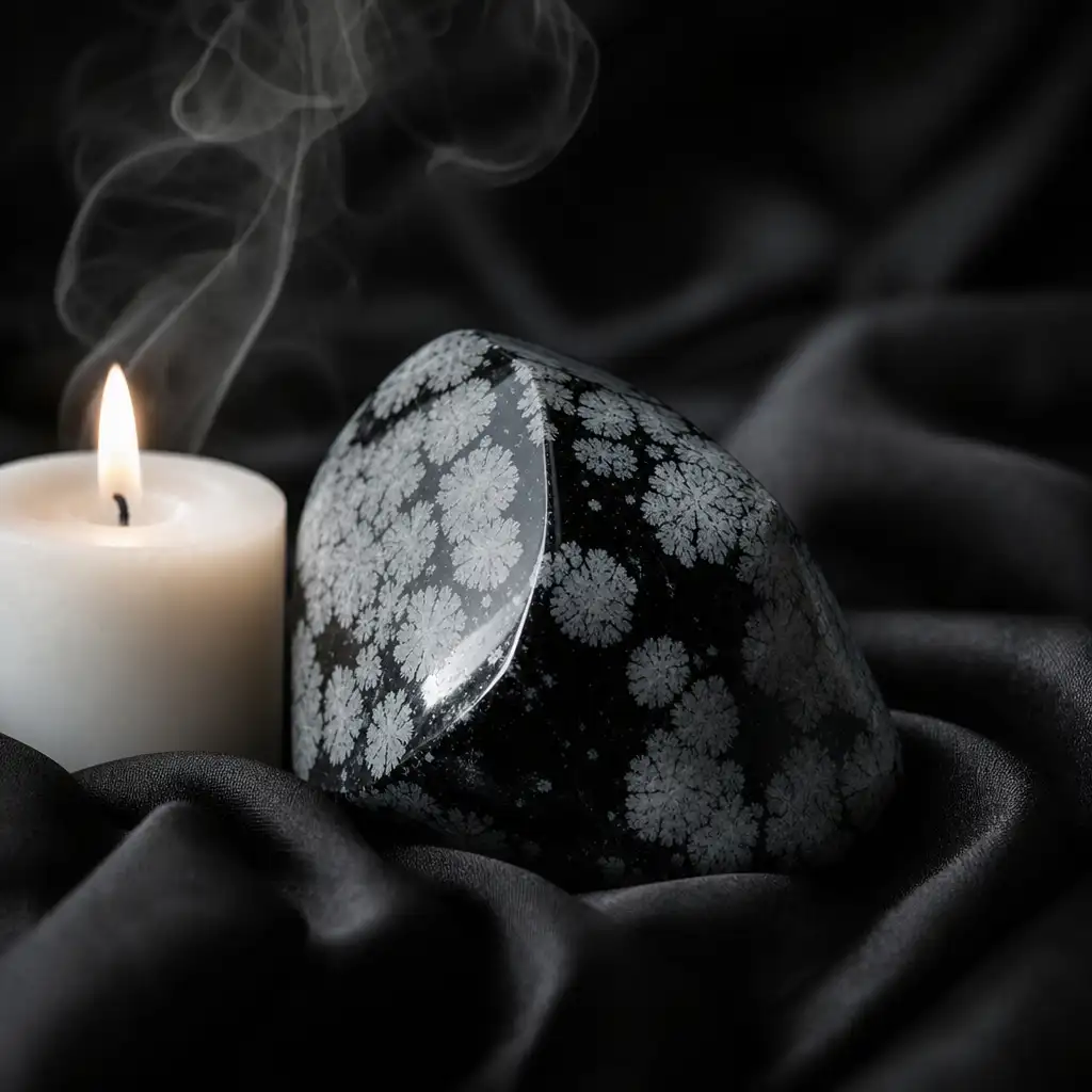 Snowflake Obsidian crystal in a spiritual healing meditation scene with candles and calm serene atmosphere