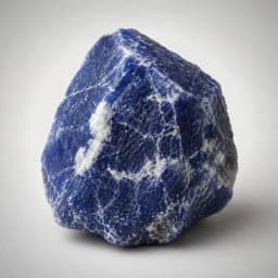 Raw sodalite crystal specimen showing deep blue color, white calcite veining, and natural mineral texture