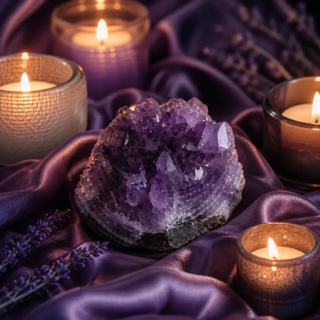 Spirit Quartz crystal in a spiritual healing meditation scene with candles and calm serene atmosphere