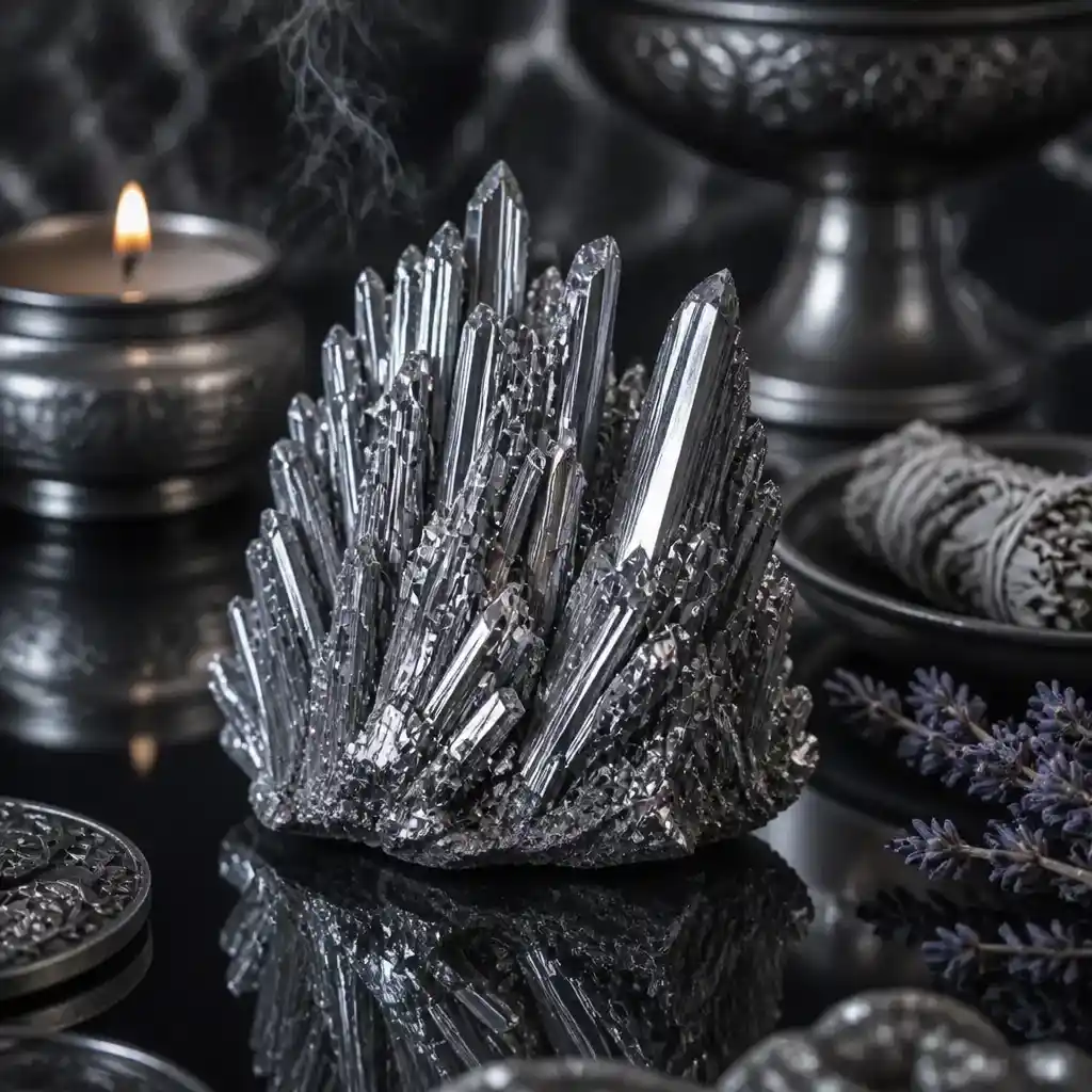 Stibnite crystal in a spiritual healing meditation scene with candles and calm serene atmosphere