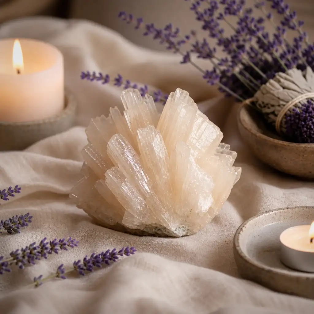 Stilbite crystal in a spiritual healing meditation scene with candles and calm serene atmosphere