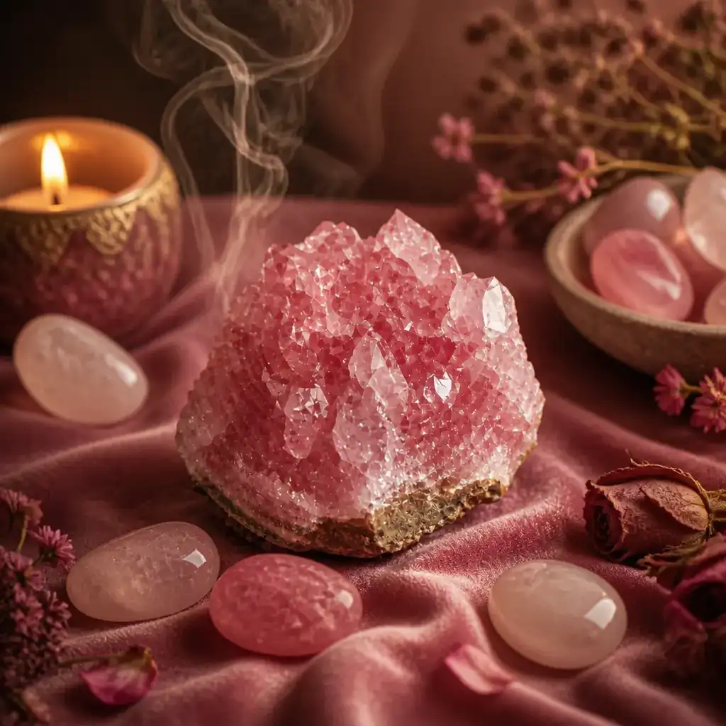 Strawberry Quartz crystal in a spiritual healing meditation scene with candles and calm serene atmosphere