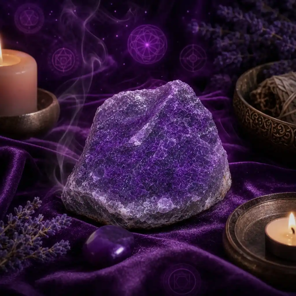 Sugilite crystal in a spiritual healing meditation scene with candles and calm serene atmosphere
