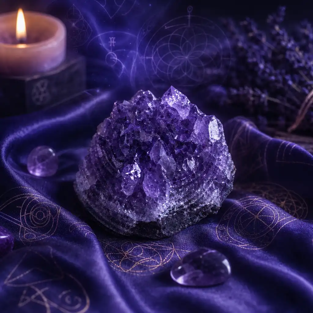 Tanzanite crystal in a spiritual healing meditation scene with candles and calm serene atmosphere