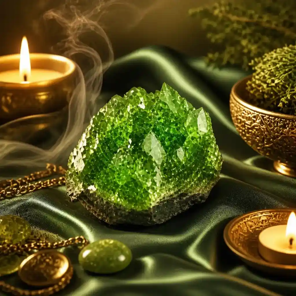 Tsavorite crystal in a spiritual healing meditation scene with candles and calm serene atmosphere
