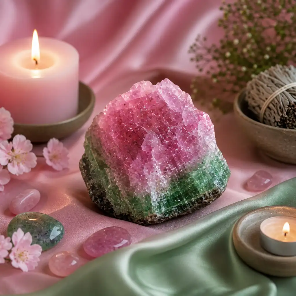 Watermelon Tourmaline crystal in a spiritual healing meditation scene with candles and calm serene atmosphere