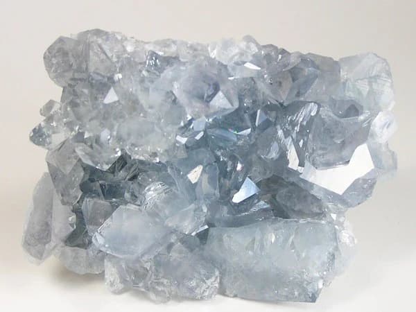 Photographed specimen catalogued as celestine, with pale blue-grey crystals and visible faces